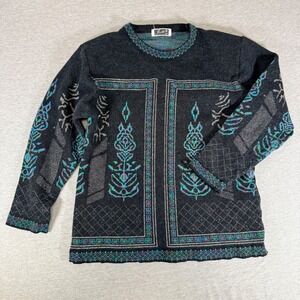 VTG Jmor Tokyo 100% Wool Instarsia Floral Sweater Metallic Knit Women XS 80s 90s